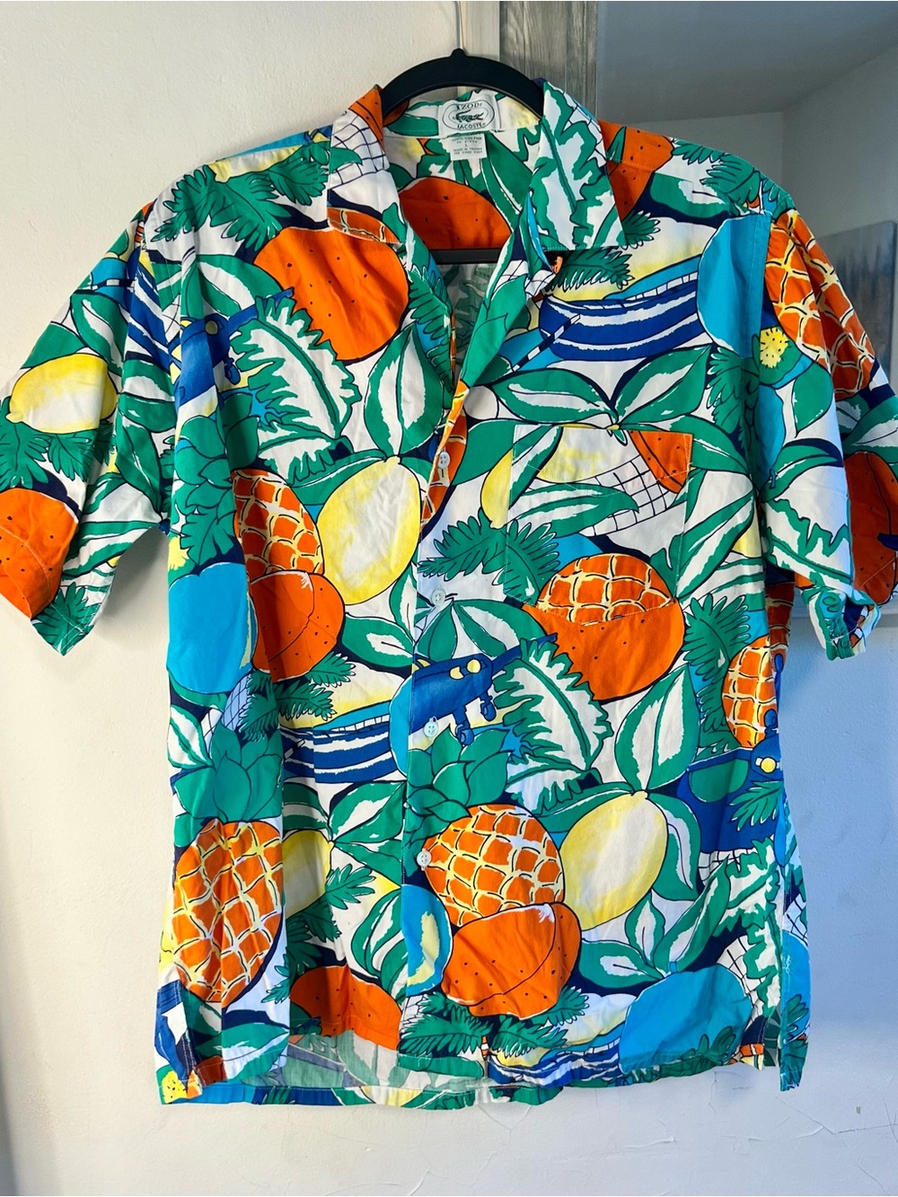 Izod Tropical Fruit Print Button-Up Shirt — Green/Orange/Blue